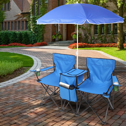 Folding Fishing Chair with Sun Umbrella – 2-Seat Portable Outdoor Chair, Iron Alloy Frame & Oxford Fabric, Built-In Storage Bag & Carry Bag