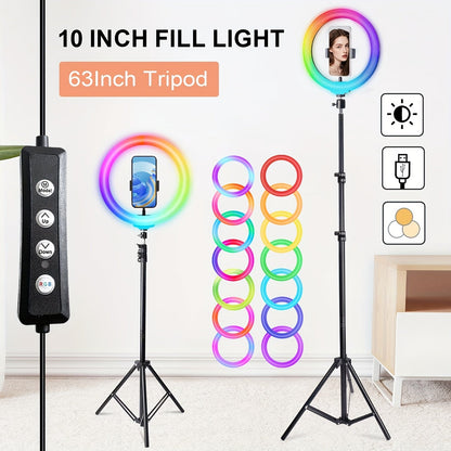10-Inch Standard or RGB LED Ring Light with 43- or 63-Inch Tripod and Phone Holder Options