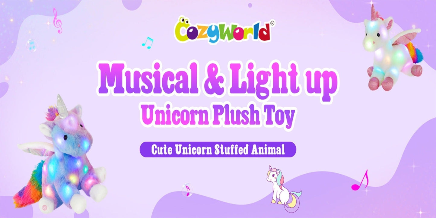 Plush Toy Rainbow Unicorn with LED Glow and Choice of Music or No-Music Light-Up choices for Bedtime