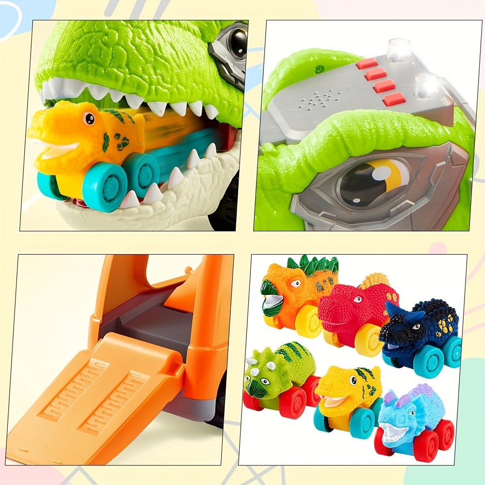 T-Rex Carrier Truck Toy with 6 Mini Rubber Dinosaur Cars LED Lights with the Listed Color, Size or Set Options for Everyday Use