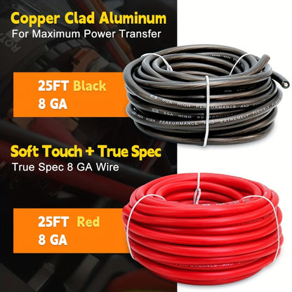 8 Gauge Car Audio Wire 50ft CCA – 25ft Red Power + 25ft Black Ground Cable, Flexible PVC Jacket, Anti-Oxidation