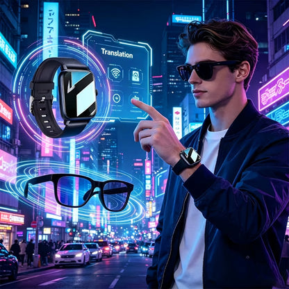 Smart Glasses and Full-Touch Smartwatch Bundle with Multi-Language Photo Translation, Calls and Music