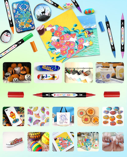 Acrylic Paint Markers with Canvas Bag Dual Tip 48 72 108 Colors, Double Zipper Premium Storage