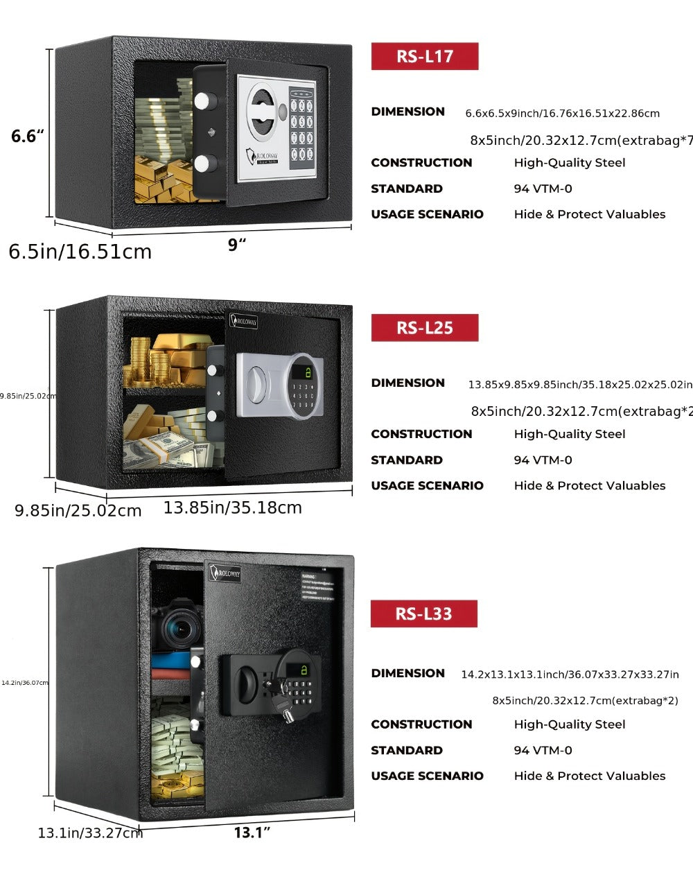 Fireproof Safe Box with Keyboard Lock, ROLOWAY Home & Office Security Safe with Fireproof Bag, Multiple Sizes