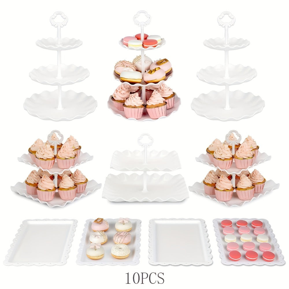 Tiered Cupcake Stand Set 10pcs – 3 Double Layer & 3 Triple Layer Dessert Stands + 4 Appetizer Trays for Birthday Wedding Party
