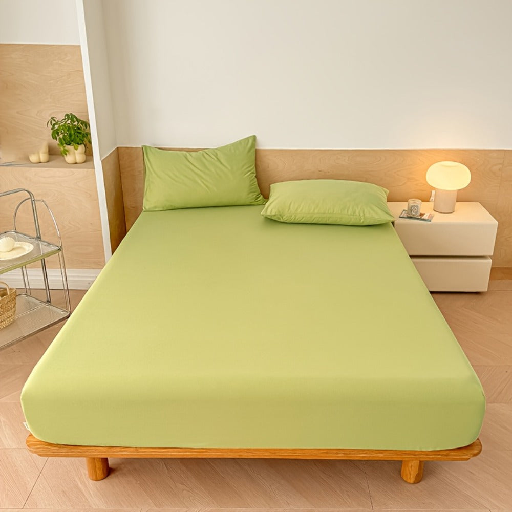 Three-Piece Solid-Color Fitted Sheet Set with Two Pillowcases, Nine Colors and Four Bed Sizes