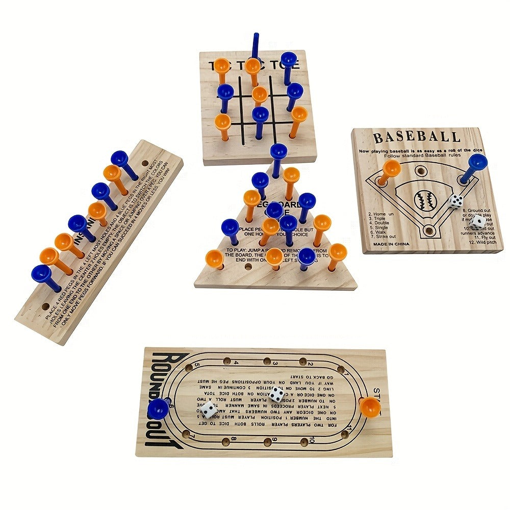 Wooden Board Game Set 5-in-1 – Luban Lock Puzzle Brain Games with Peg Board, Dice & Plastic Pieces, Classic Family Strategy Games Kit