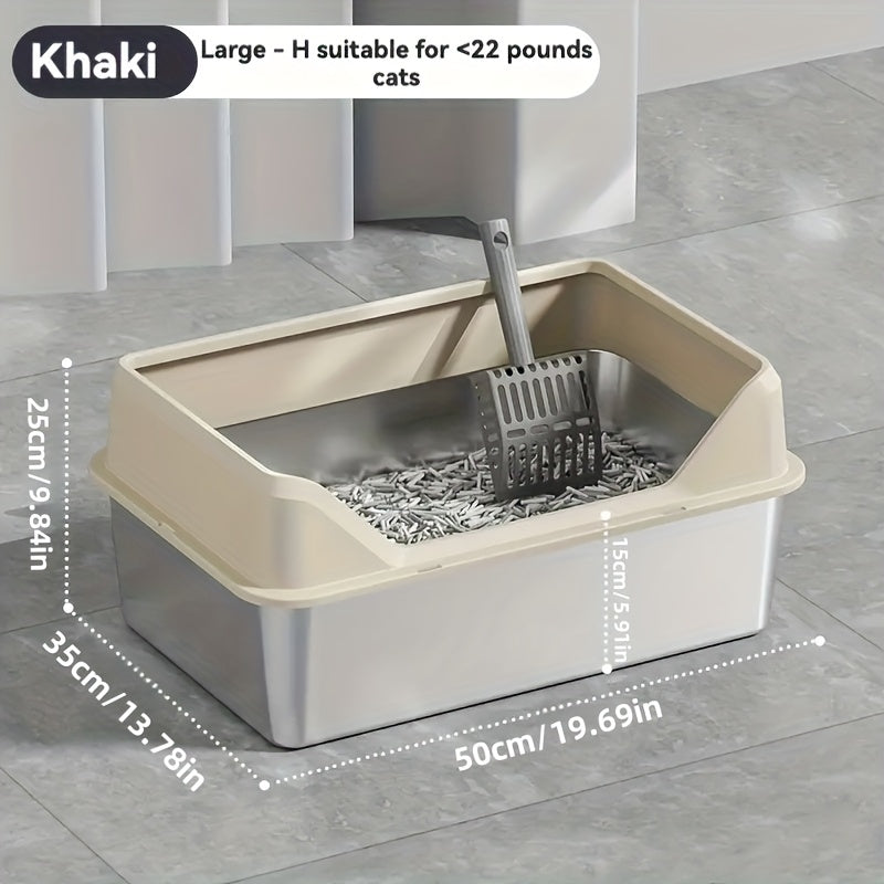 Steel Cat Litter Box with High-Wall Surround, Front Step and Scoop in XL or XXL, Khaki, Gray or Black