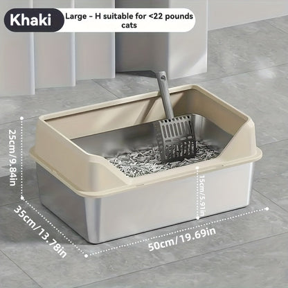 Steel Cat Litter Box with High-Wall Surround, Front Step and Scoop in XL or XXL, Khaki, Gray or Black