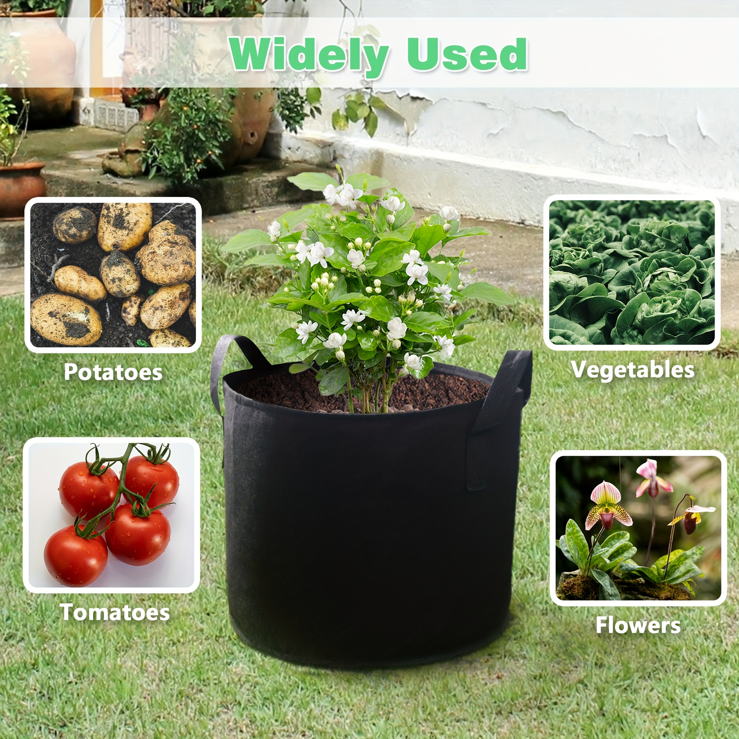 Four-Pack Black Grow Bags with Handles in 5-Gallon or 10-Gallon-Labeled Size Options for Container Gardening