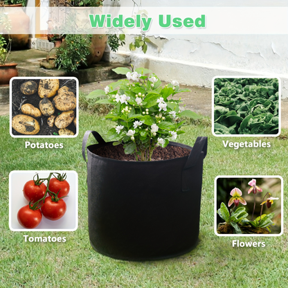 Four-Pack Black Grow Bags with Handles in 5-Gallon or 10-Gallon-Labeled Size Options for Container Gardening