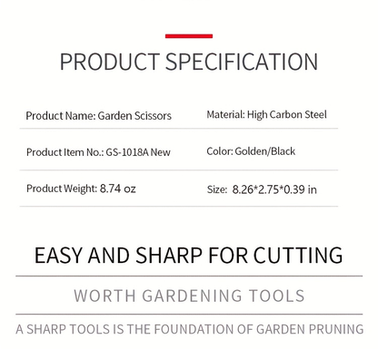 Bypass Pruning Shears with Curved Blade, Return Spring and Gold or Black Coated Handle Options