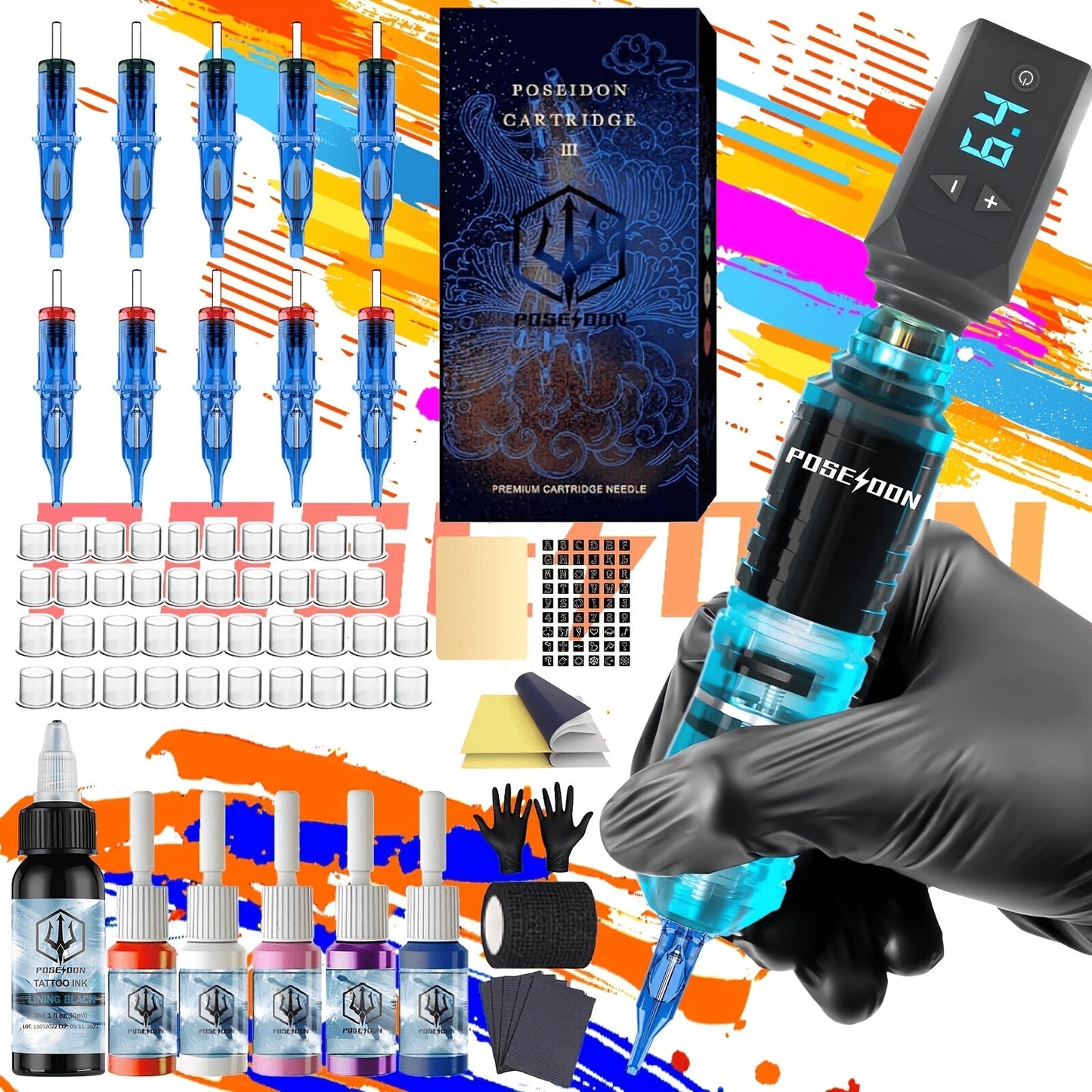 Wireless Tattoo Pen Kit Cordless Tattoo Gun with Power Supply 10 Cartridge Needles 6 Color Inks LCD Screen
