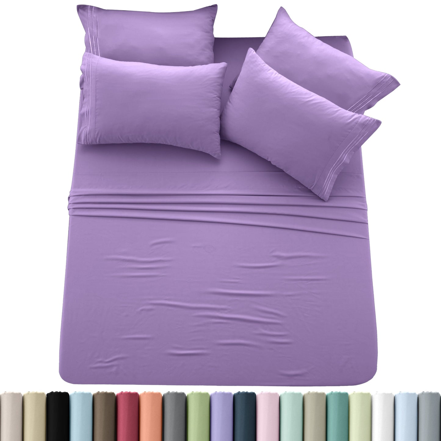 Sheet Set, Six-Piece Brushed Polyester Bedding with 16-Inch Fitted Pocket, Four Pillowcases and Twenty Colors