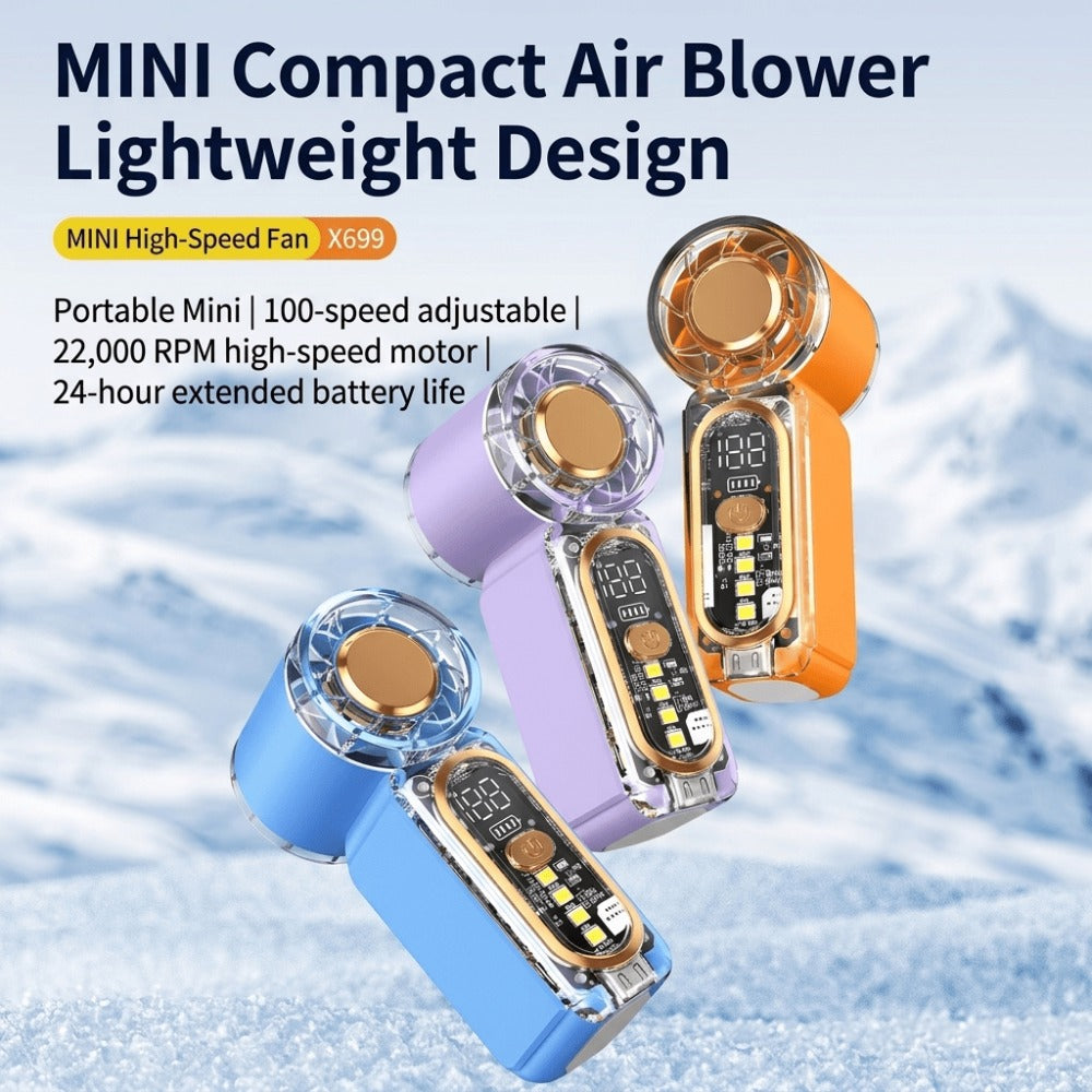 Two-Pack Mini Handheld Fans with 100-Level Digital Display, USB-C Cable, LED Light and Three Color Options