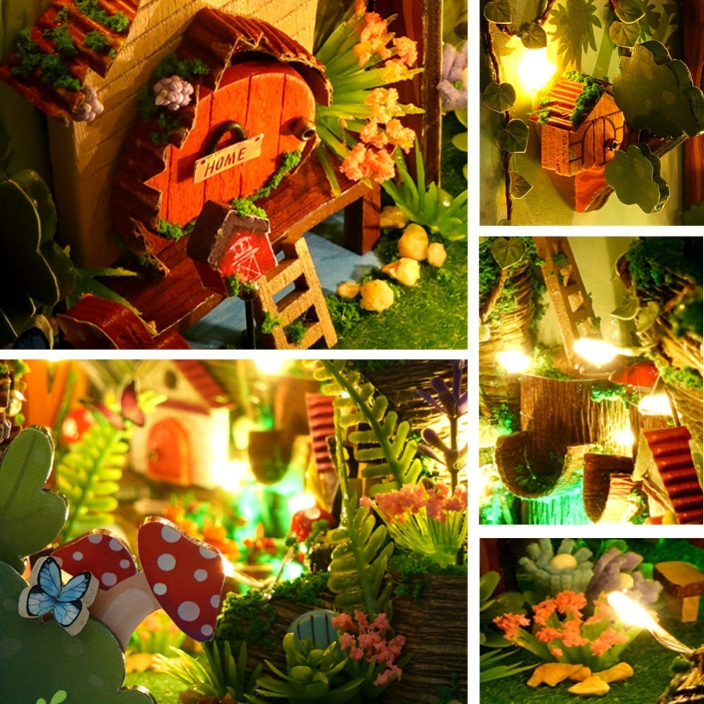 DIY Book Nook Kit Miniature Tiny House Model, Multicolor Bookshelf Insert Home Decoration Craft Set No Battery or Glue Needed
