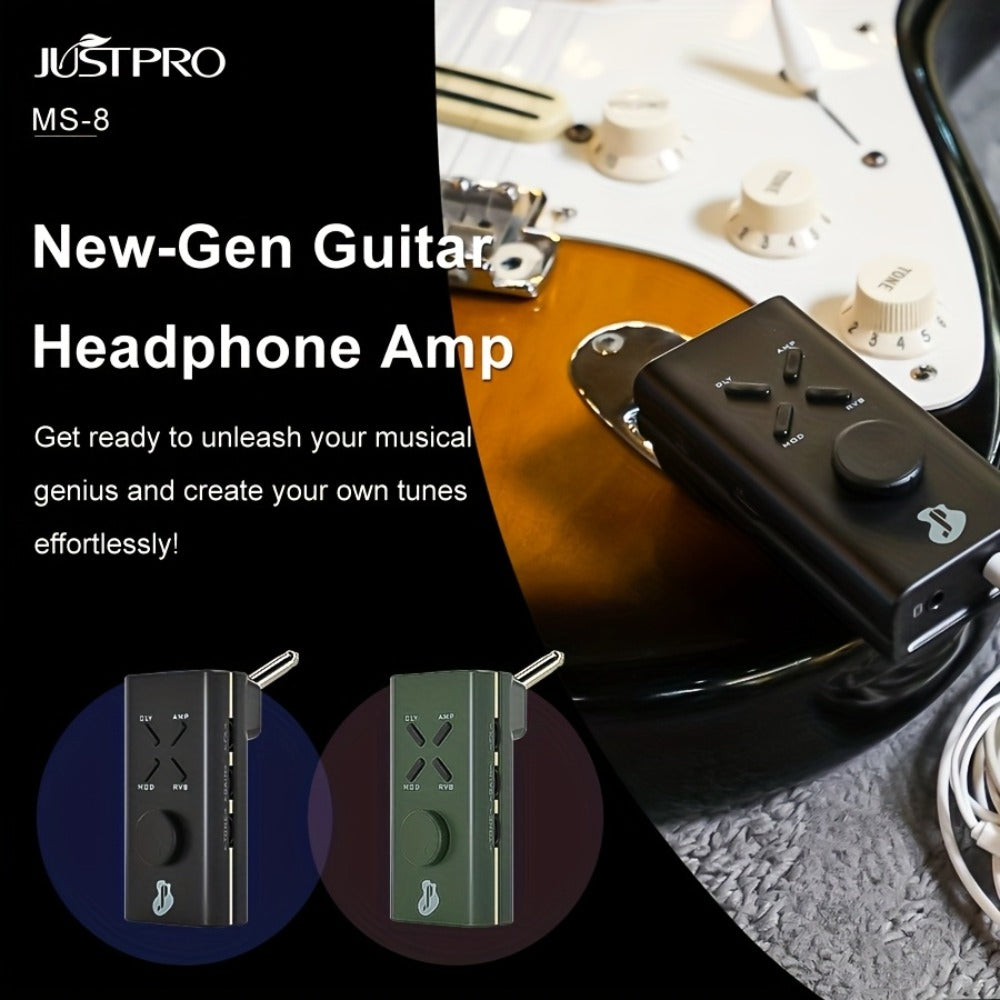 JUSTPRO Pocket Guitar Headphone Amp with 6 Amp Modules and 24 Guitar Effects for Bedside Audio, Alarms and Room Entertainment