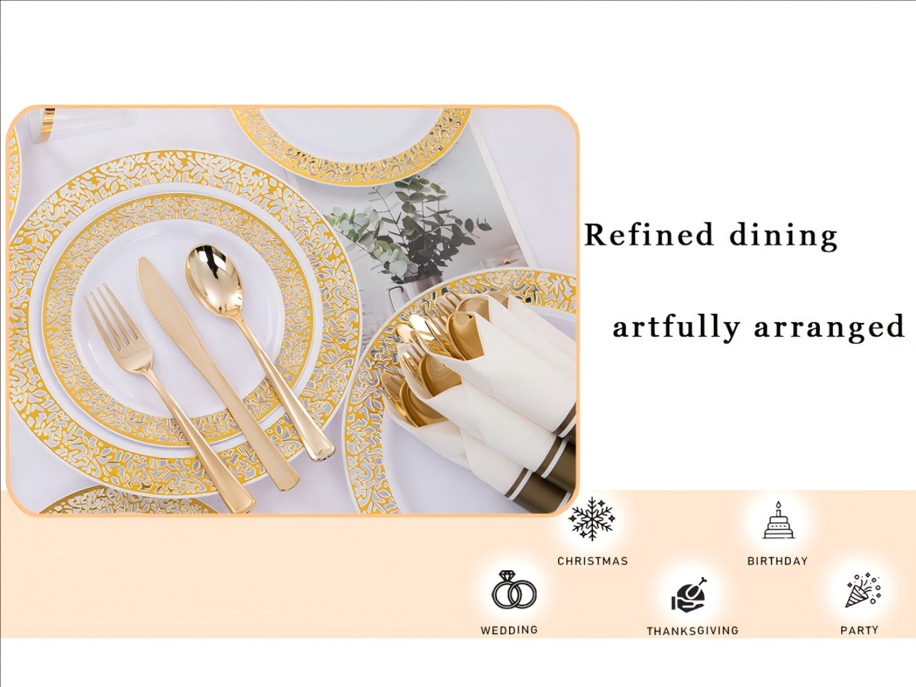 Gold Disposable Dinnerware Set for 50 Guests 350pcs, Includes Dinner Plates, Dessert Plates, 9oz Cups with Gold Rim