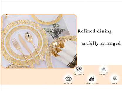 Gold Disposable Dinnerware Set for 50 Guests 350pcs, Includes Dinner Plates, Dessert Plates, 9oz Cups with Gold Rim