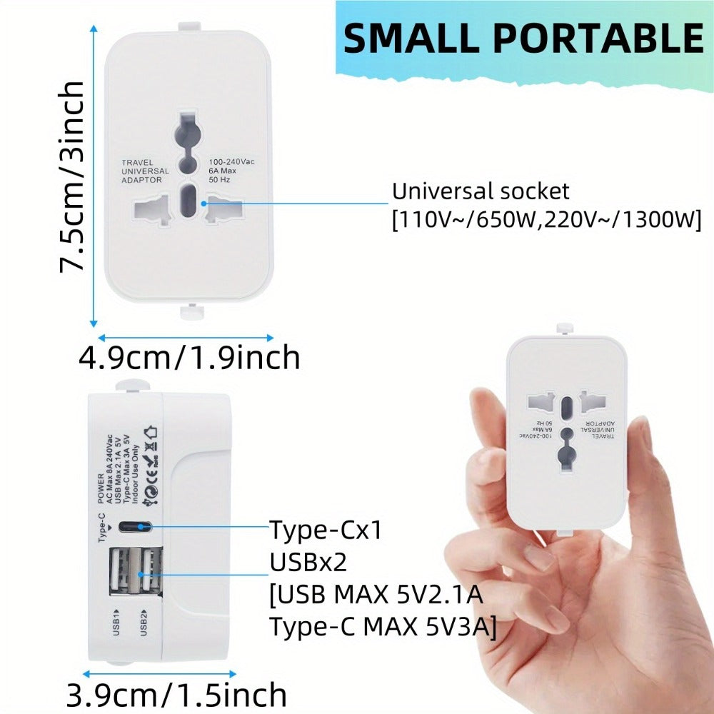 Universal Travel Adapter with Surge Protection - 2 USB & Type-C Ports, All-in-One International Plug for 350+ Countries