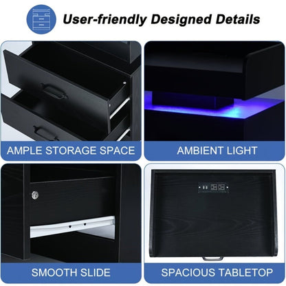 Wooden Nightstand with LED Ambient Light & Charging Station, Fabric Drawer, Blue Glow for an Everyday Personal Care Routine