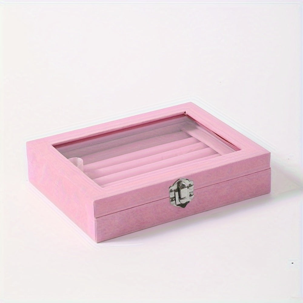 Jewelry Box with Locking Lid – 49-Ring Capacity Glass-Like Plastic Ring & Earring Organizer, Large Rectangular Storage Case