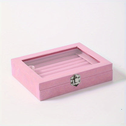 Jewelry Box with Locking Lid – 49-Ring Capacity Glass-Like Plastic Ring & Earring Organizer, Large Rectangular Storage Case