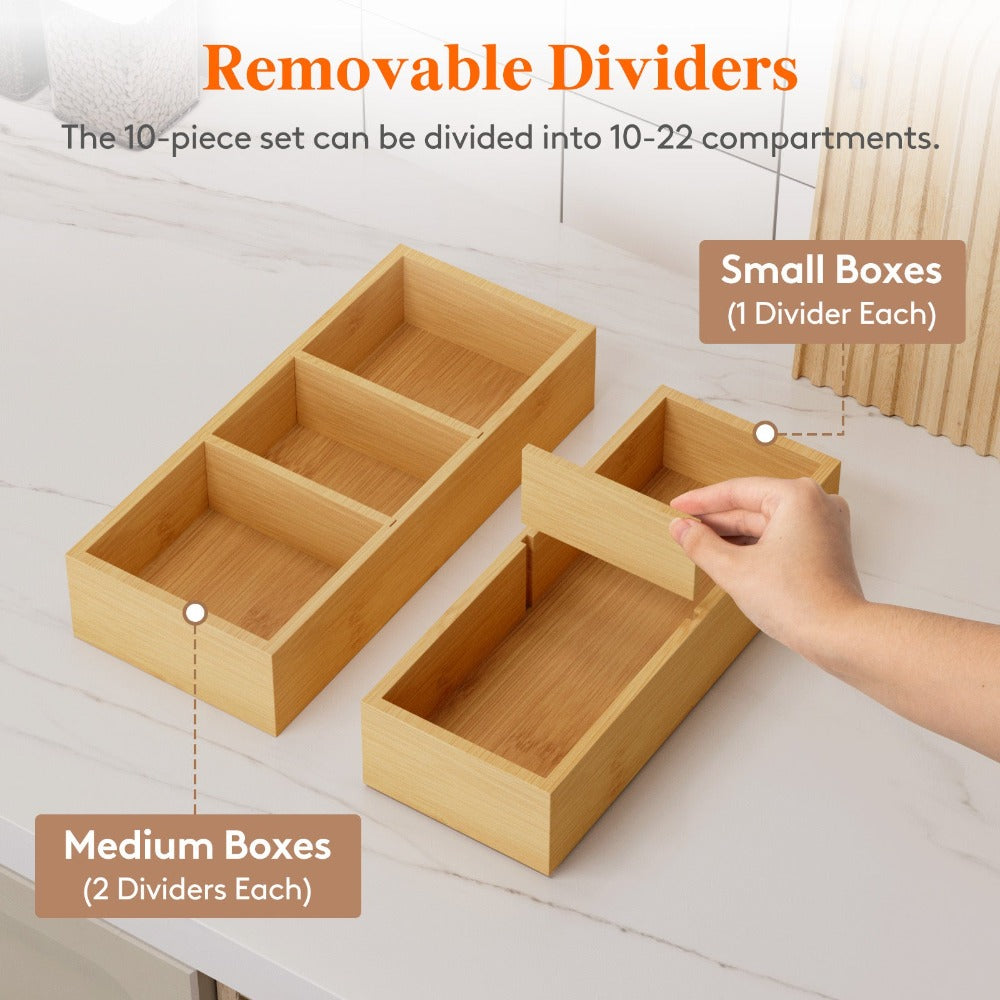 Bamboo Drawer Organizer 10 Pack, Adjustable Stackable Drawer Dividers Bins for Kitchen Utensils, Silverware