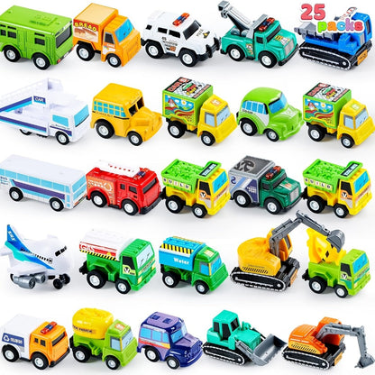 25PCS Pull Back Cars & Trucks Toy Vehicle Set for Kids, Fire Truck, Police Car, School Bus & More