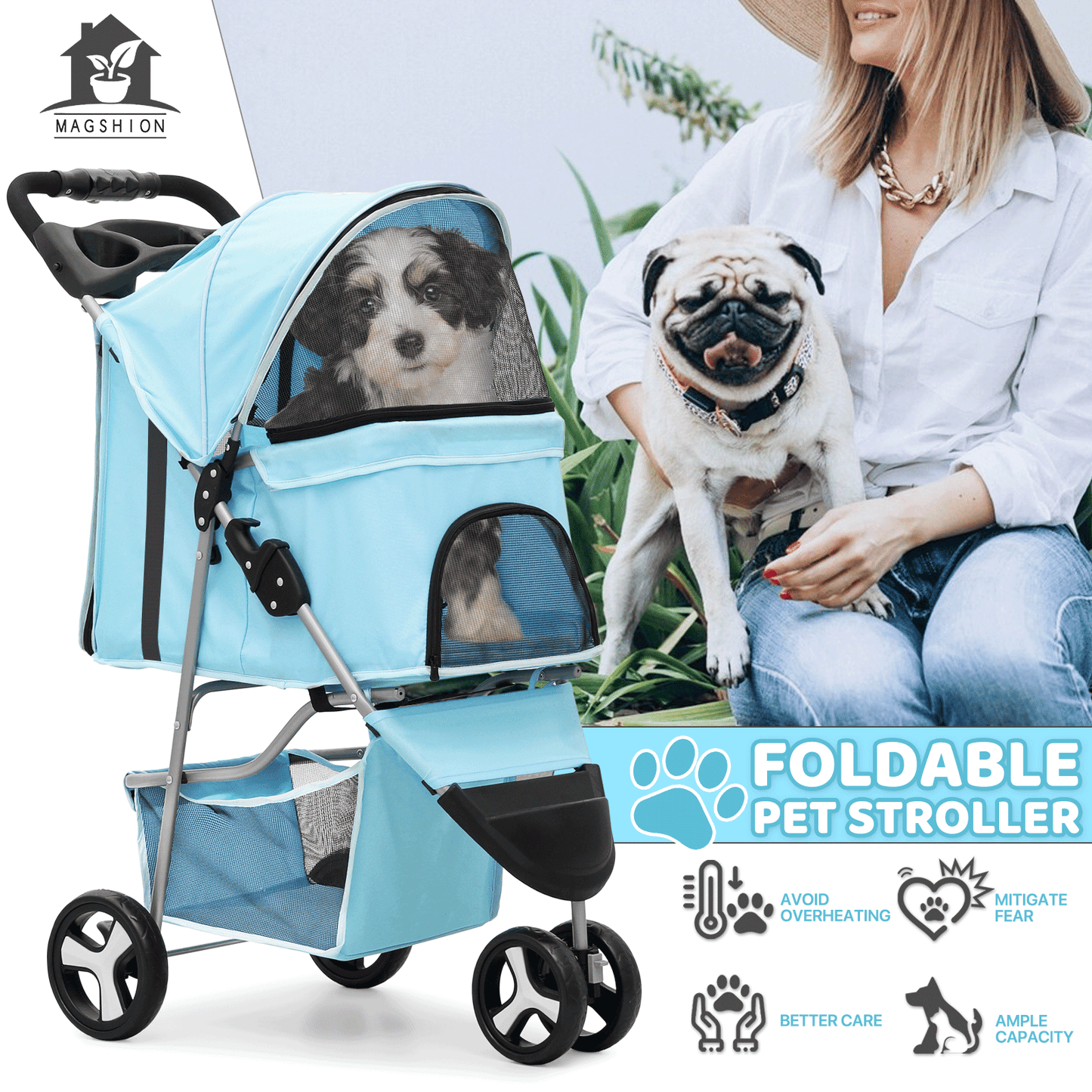 Pet Jogger Stroller 3-Wheel for Small & Medium Dogs & Cats up to 33 lbs – Foldable Oxford Waterproof Dog Cat Pram with 360° Swivel Wheels