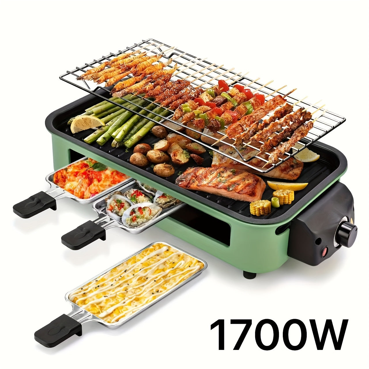 Indoor Electric Smokeless Grill 1700W with Raclette Pans, Non-Stick Plate, Portable Tabletop BBQ Griddle for Couples