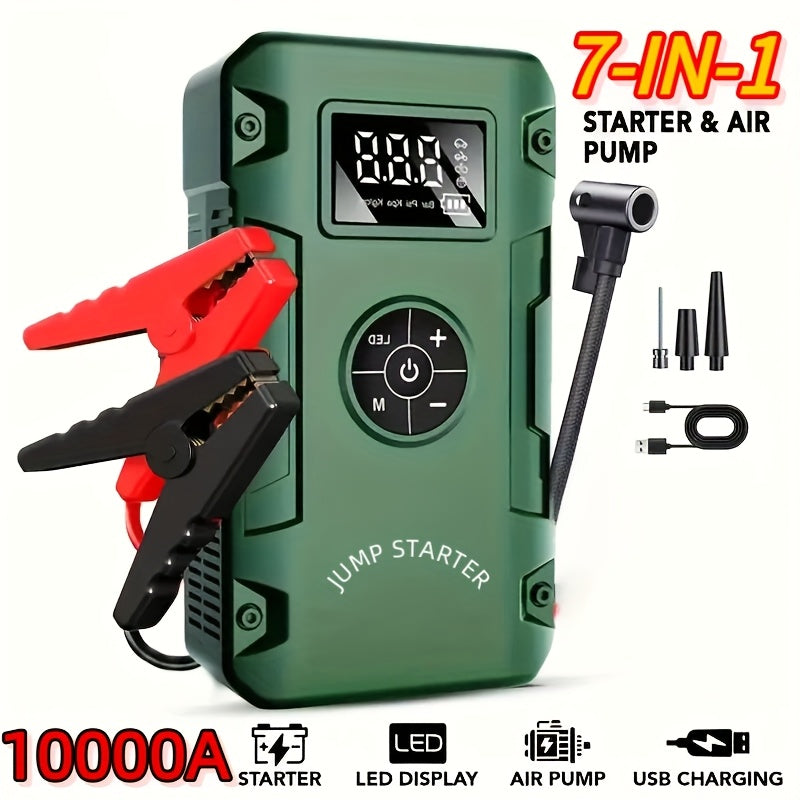 Jump Starter 10000A 7-in-1 with Air Pump – 150PSI Tire Inflator, Portable Battery Booster for Gas & Diesel, USB & USB-C Power Bank