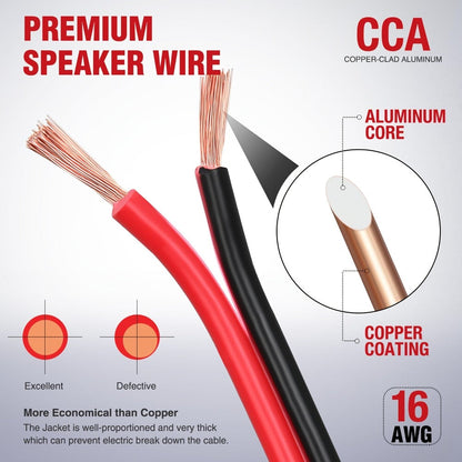 CCA Speaker Wire 16AWG – Red & Black Copper Clad Aluminum 2-Conductor DC Cable for Car Audio, Radio, Amplifier & Home LED Strip Lights