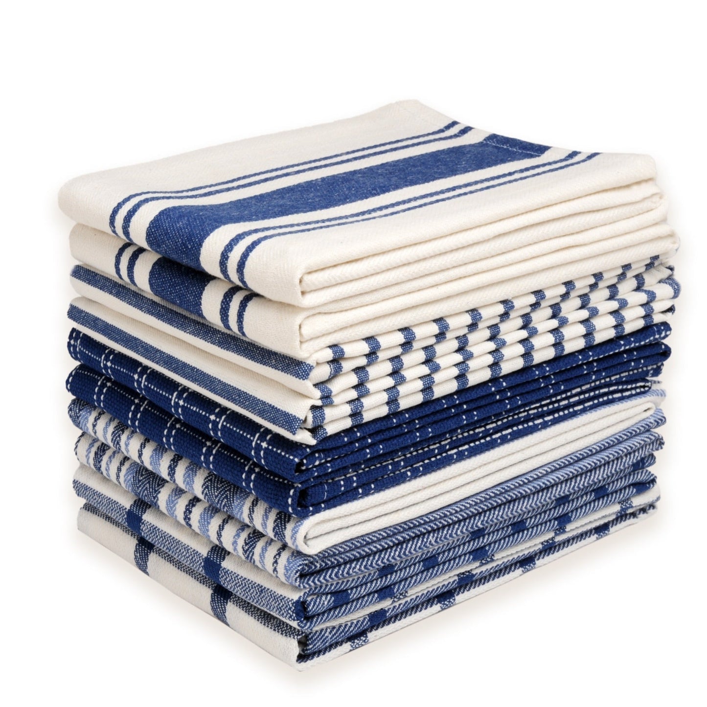 Ten-Pack Cotton Flat-Weave Kitchen Towel Set with Stripe, Check and Solid-Border Designs in Nine Colors