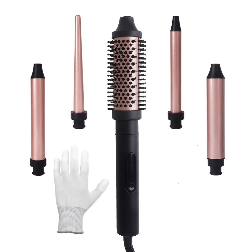 Ceramic Curling Iron Set 5-in-1 with Interchangeable Barrels & Heat Brush, Professional Hair Curler Wand Styling Kit for Waves & Curls