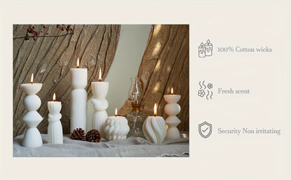 Ribbed Pillar Candles 7-Pack Large Soy Wax, Handmade Aesthetic Pillar Candle Set for Home Decor, Wedding Centerpiece