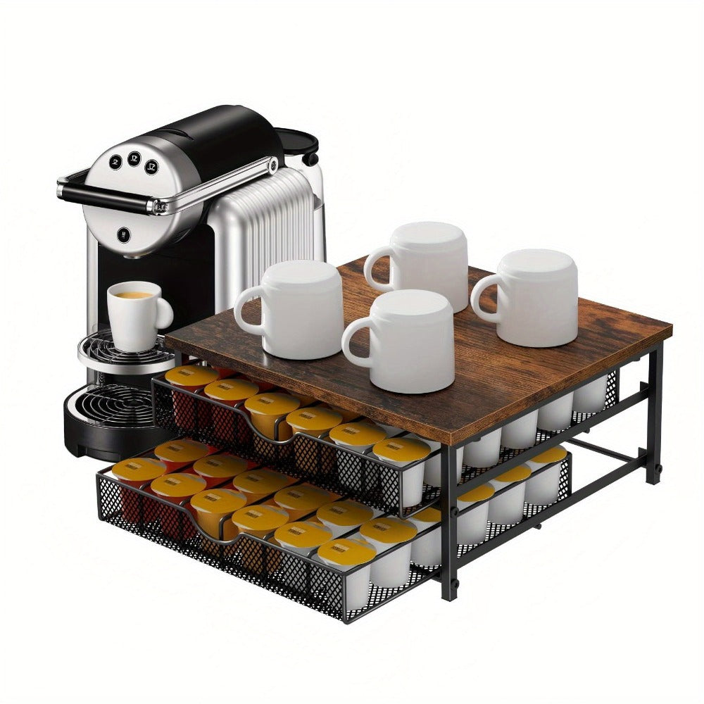 K-Cup Coffee Pod Holder 72 Capacity – 2-Tier Sliding Drawer Coffee Pod Organizer with Wood Top & Metal Frame, Non-Slip Base