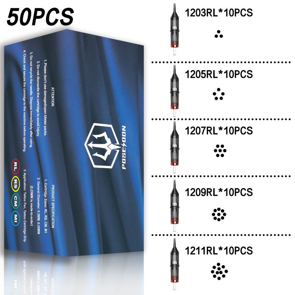 Round Liner Tattoo Cartridge Needles 50pcs Assorted - #10 Bugpin & #12 Standard 3RL 5RL for Temporary Body Art, Festivals and Costumes