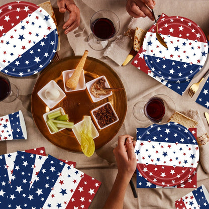 Patriotic Tableware Party Supplies Set with 140 Pieces for 20 Red White Blue Star-Print Settings