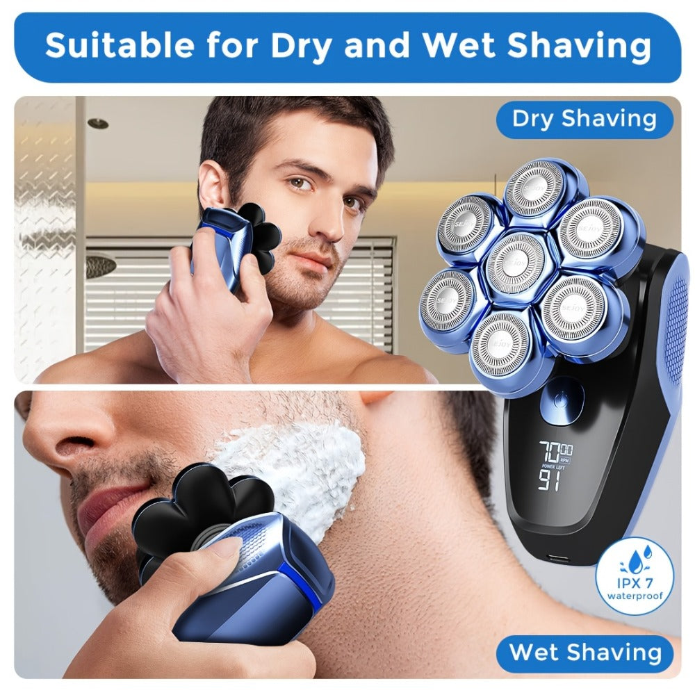 7D Head Shaver Bald Men 5-in-1 Waterproof Wet Dry Electric Razor – Type-C Rechargeable 6500-7500RPM Rotary Grooming Kit with Nose Hair