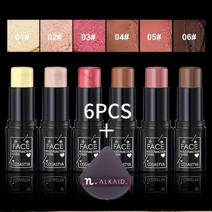 Blush Stick Makeup Set 6 Piece, 3-in-1 Waterproof Blush Eyeshadow Touch-Up Sticks, All-Day Glossy Shimmer