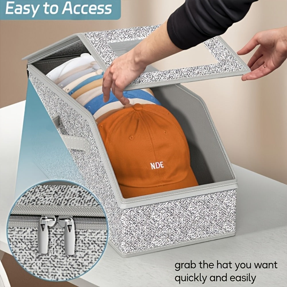 Baseball Cap Storage Box 2 Pack – Foldable Stackable Zippered Hat Organizer, Large Capacity Dustproof Closet Storage for Caps