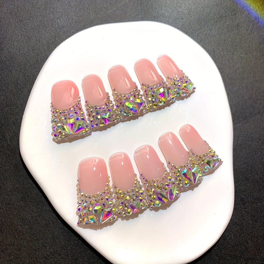 Press On Nails 10-Piece Long Duckbill Set with Nude French Tips, AB Diamond Finish and Nail Tools