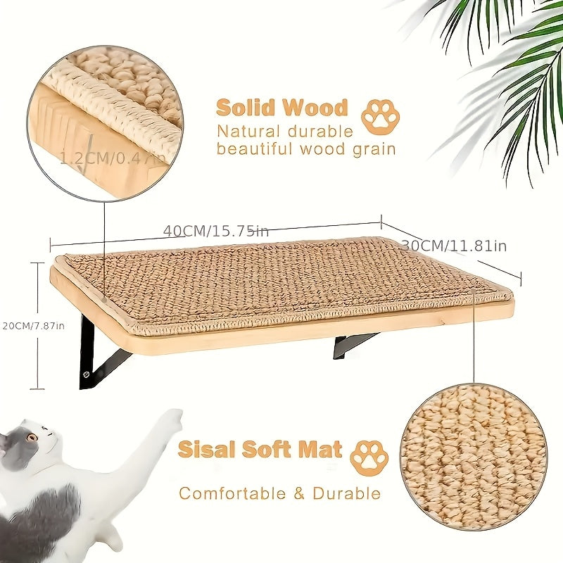 Wall-Mounted 40x30cm Cat Shelf with Beige Sisal Mat, 2cm Wood Platform and Two Metal Brackets