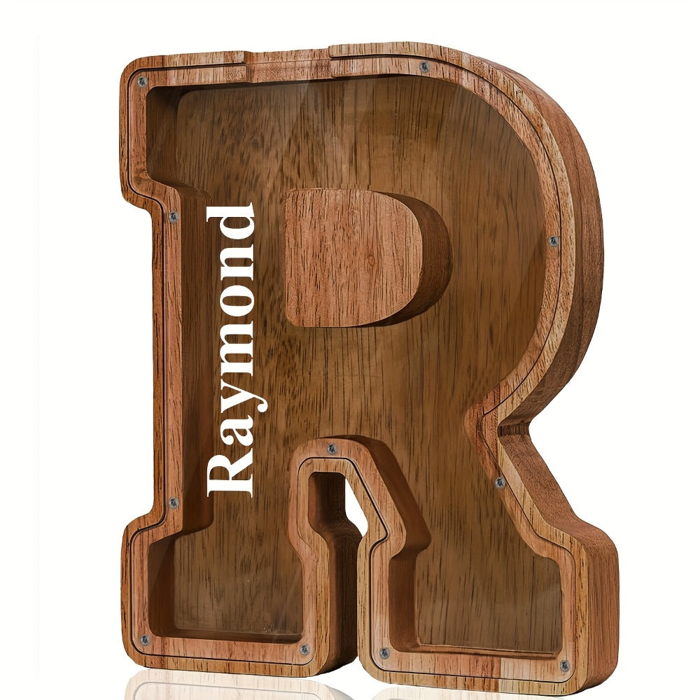 Personalized Wooden Piggy Bank for Kids – A-Z Alphabet Letter Initial Coin & Bill Savings Bank for Boys & Girls