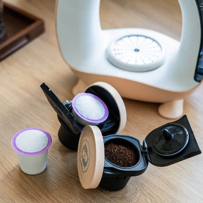 Compact Single-Serve Coffee Maker for Pods, Grounds or Tea with 4-8oz Serving Label and Four Colors