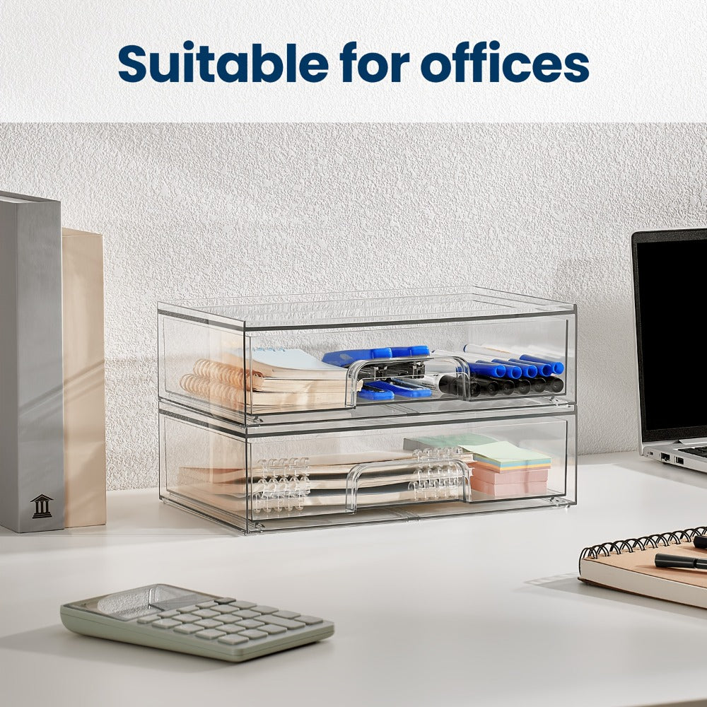 Clear Stackable Desk Drawer Organizer Trays in 2- or 4-Pack Wide Configurations, Approx. 30.7 x 19 x 8.8 cm
