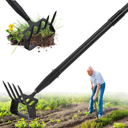 2-in-1 Garden Hand Tool with Stirrup Hoe, Four-Tine Cultivator and 62-, 73- or 82-Inch Sectional Handle