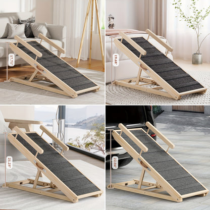 Dog Ramp for Bed & Sofa – Foldable Wooden Pet Ramp with Safety Guards, Adjustable Height, Holds 250 lbs, Indoor Outdoor Dog Steps