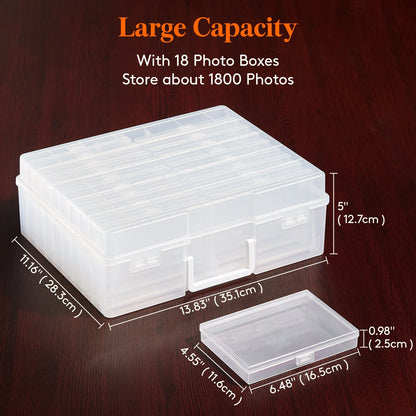 4x6 Photo Storage Box with 14 Inner Photo Keeper Cases Holds 1400 Photos Clear Plastic Photo Organizer with Lids Label Stickers BPA-Free